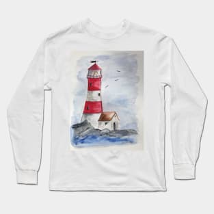 Red and White Lighthouse on the Coast Long Sleeve T-Shirt